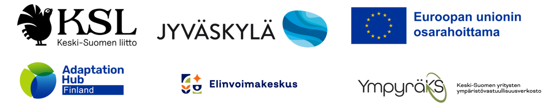 Kooste ilmastofoorumin järjestäjien ja yhteistyökumppaneiden logoista: Keski-Suomen liitto, Jyväskylän kaupunki, Euroopan unionin osarahoittama, Adaptation Hub Finland, Elinvoimakeskus ja YmpyräKS – Keski-Suomen yritysten ympäristövastuullisuusverkosto.